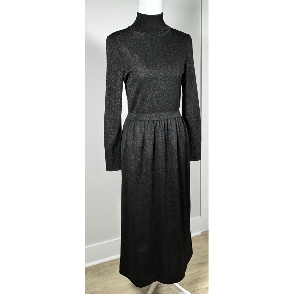 Vintage Perlhoff Potomac Black Turtleneck Subtle Sparkle Modest Midi‎ Dress S/M